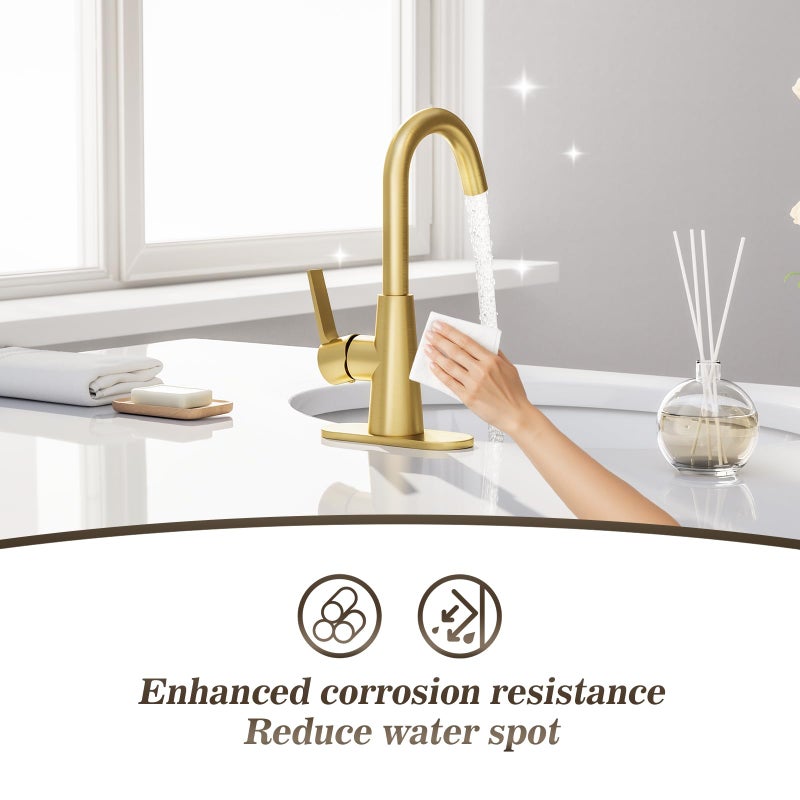 Phiestina Brushed Gold Single-Handle 4 Inch Bathroom Sink Faucet with Deck Plate and Supply Hoses, Bar Sink Faucet/Pre-Kitchen Sink Faucet with 360 Degree Rotation Spout, WE10-BG - Image 4